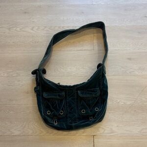 Marc Jacobs Dark Green Velvet Shoulder Bag with Front Flap Pockets